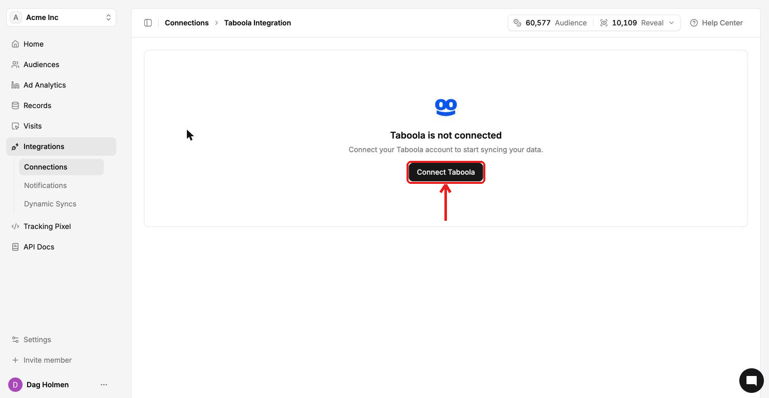 Taboola integration page showing Taboola is not connected and the Connect Taboola button
