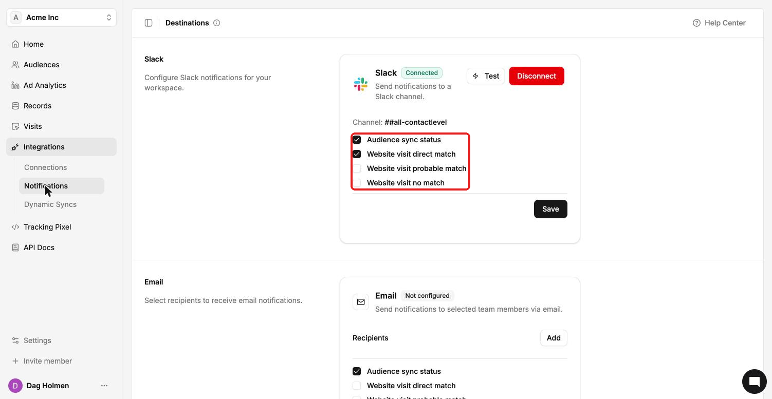Notifications page with Slack connected and event checkboxes
