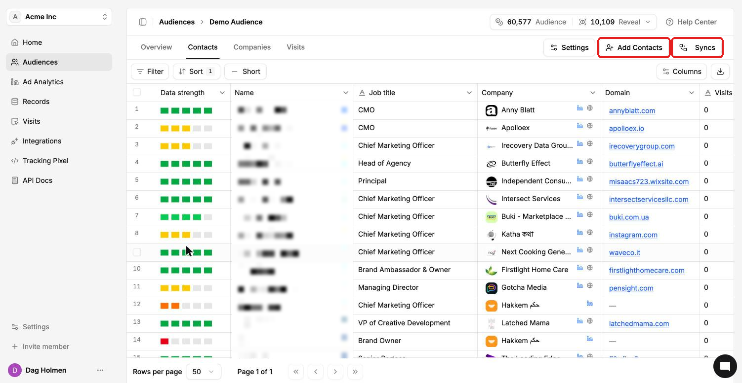 Audience Contacts tab with data strength bars and the Filter, Sort, Columns and download controls
