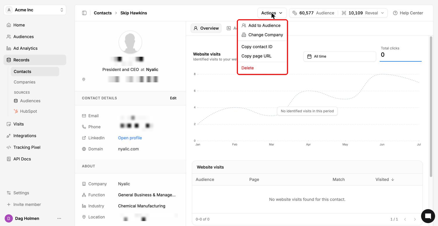 Contact profile with the Actions menu open