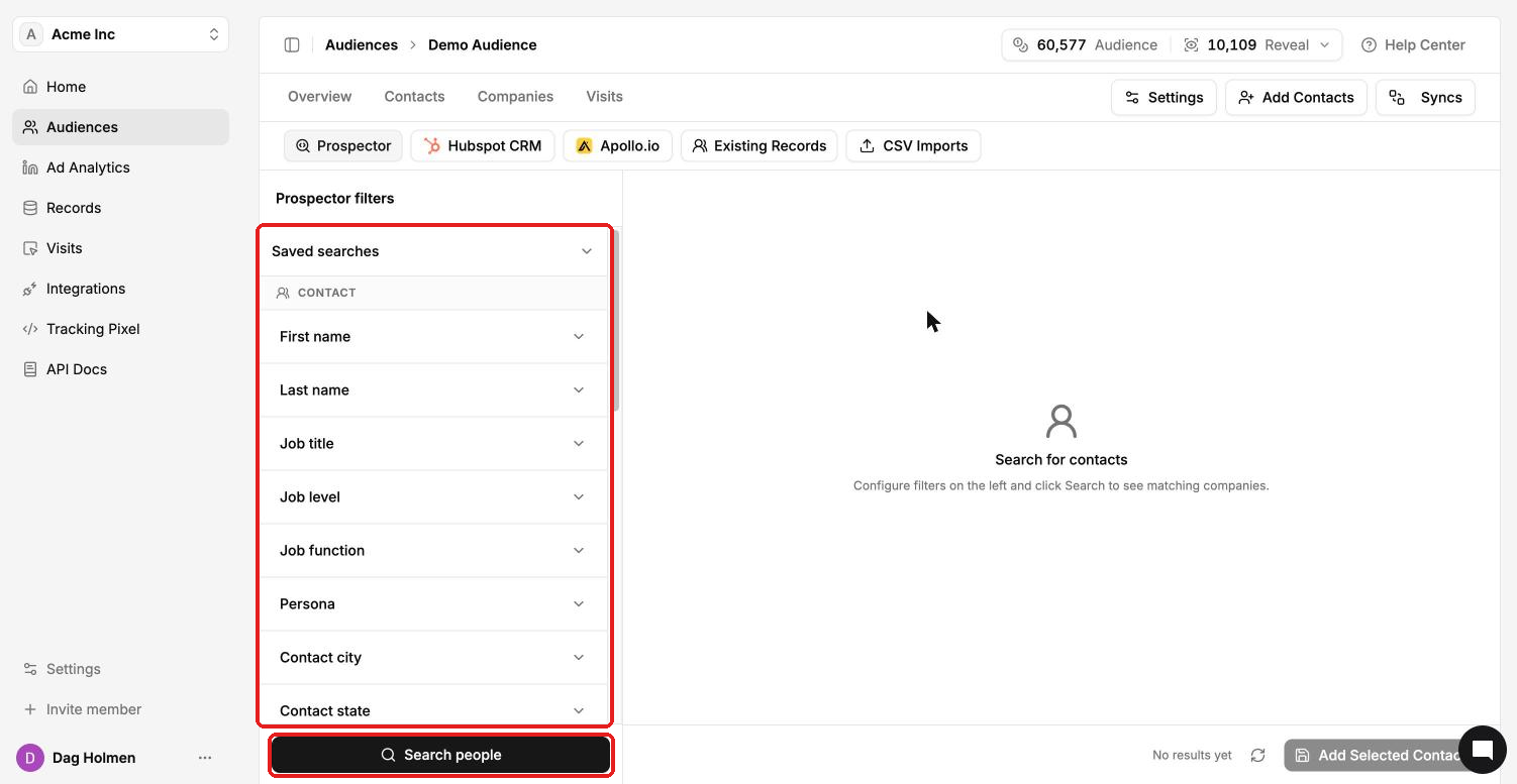 Prospector with the filter panel and Search people button