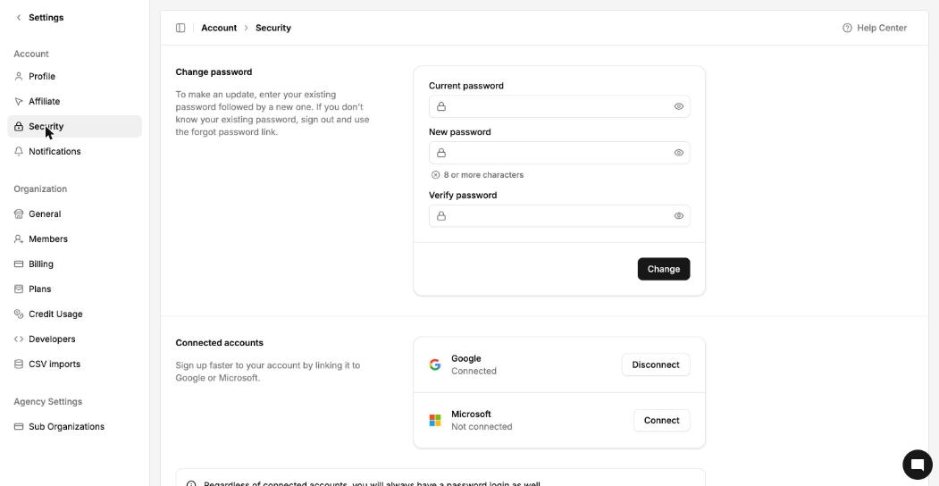 Settings Security page with Change password and Connected accounts sections