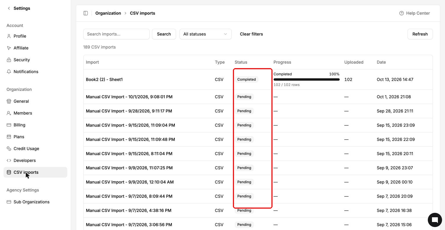 CSV imports page in Settings with status, progress and upload date for each file