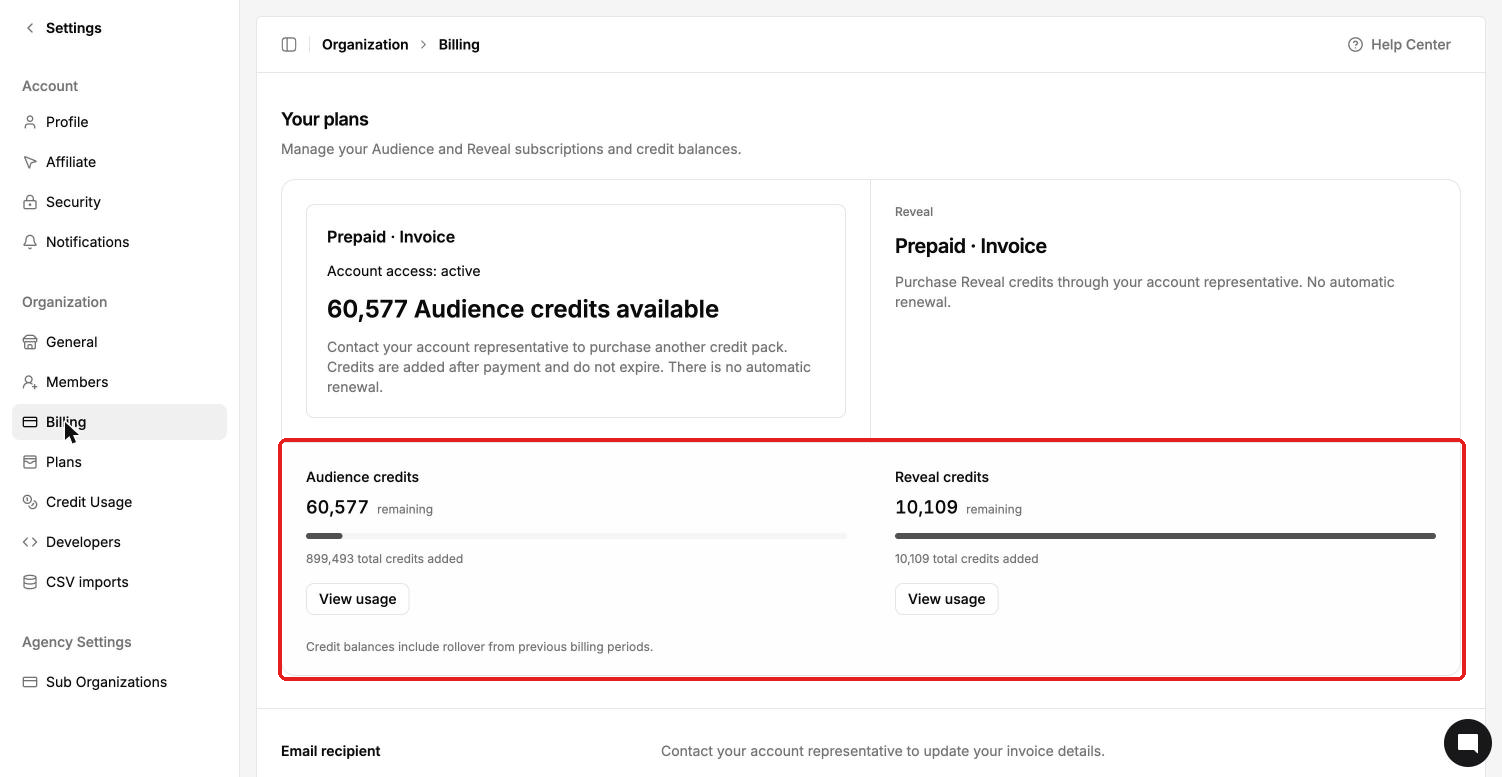 Settings Billing page showing plan cards and Audience and Reveal credit balances