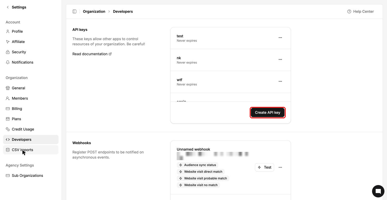 Settings Developers page with the API keys list and Create API key button