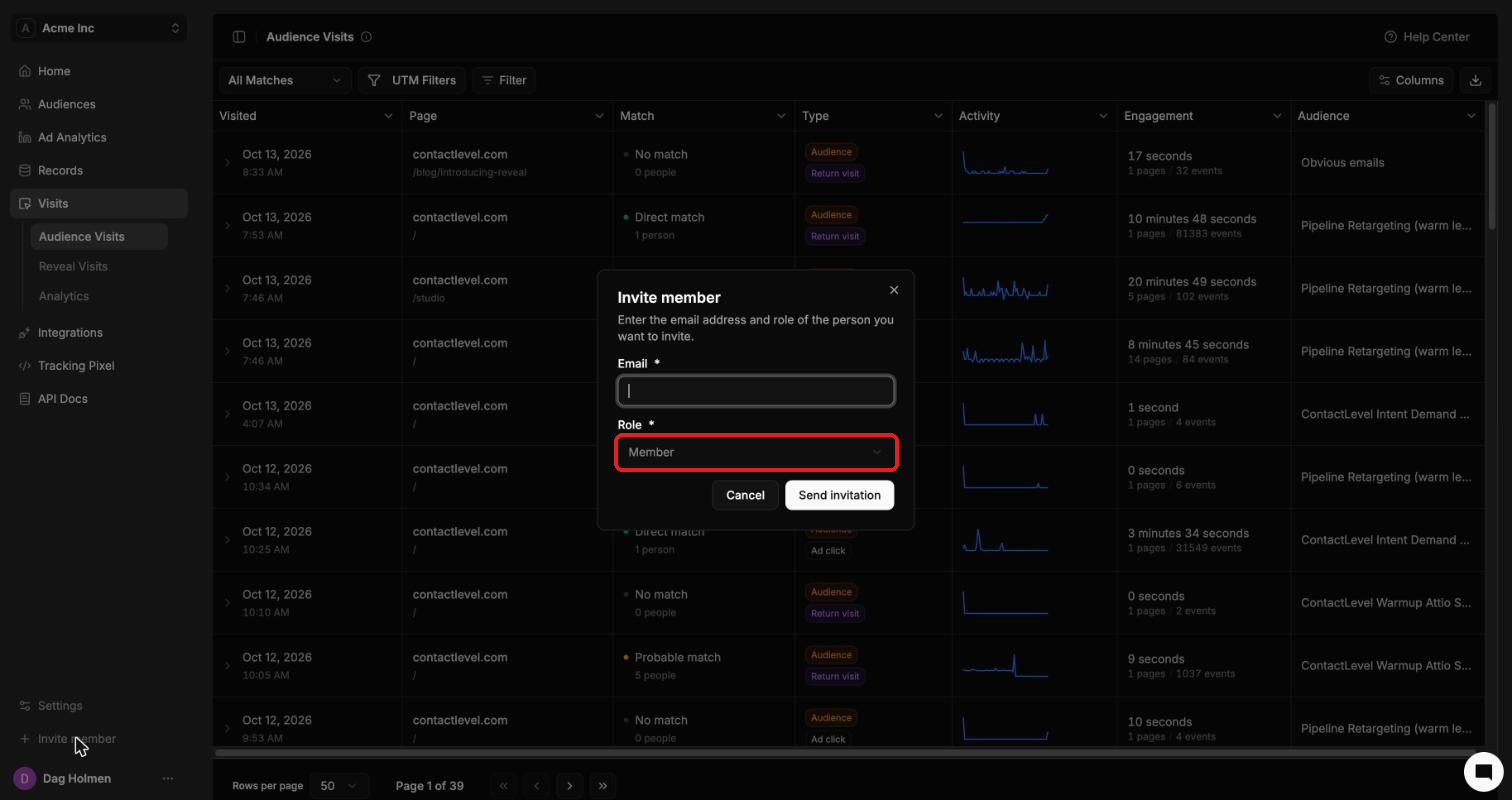 Invite member dialog with Email and Role fields
