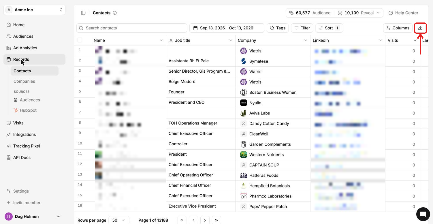 Records Contacts table with the export button in the top right