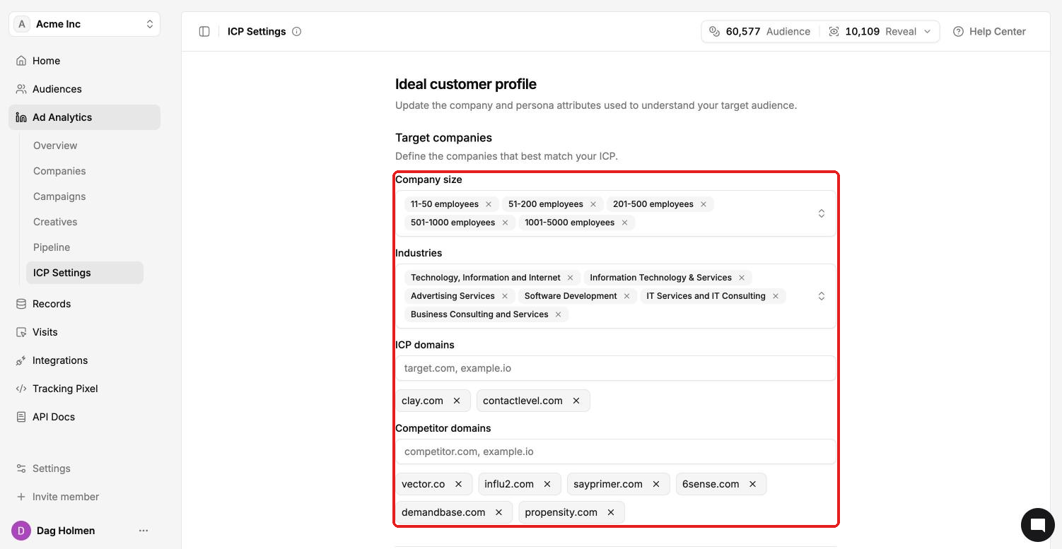 ICP Settings Target companies section with company size, industries, ICP domains and competitor domains