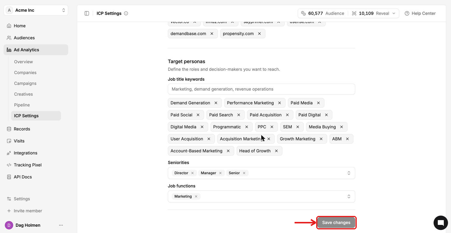 ICP Settings Target personas section with job title keywords, seniorities, job functions and the Save changes button