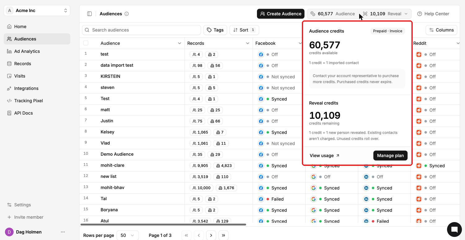 Credit dropdown in the top bar showing Audience credits and Reveal credits balances