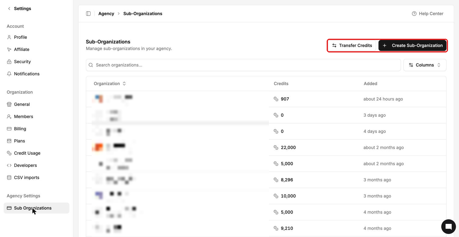 Agency Sub-Organizations page with Transfer Credits and Create Sub-Organization buttons