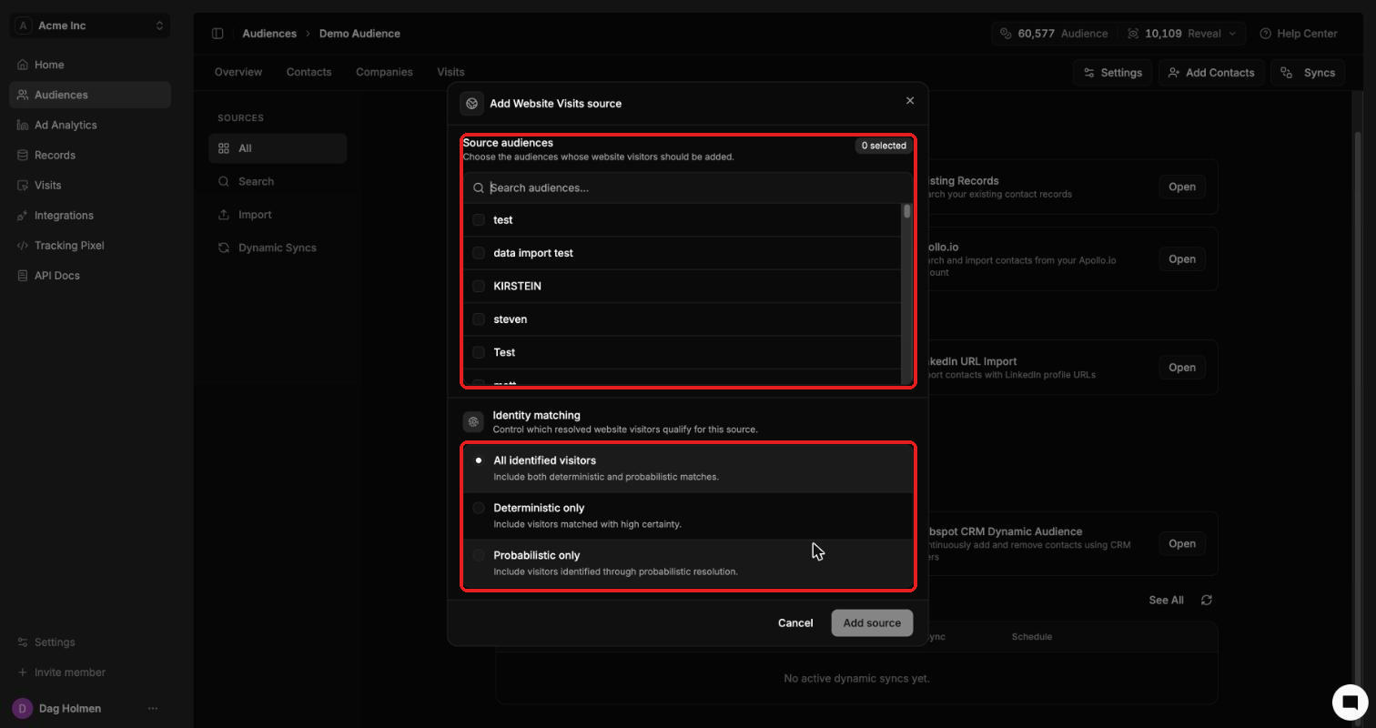 Add Website Visits source dialog with source audiences and identity matching options