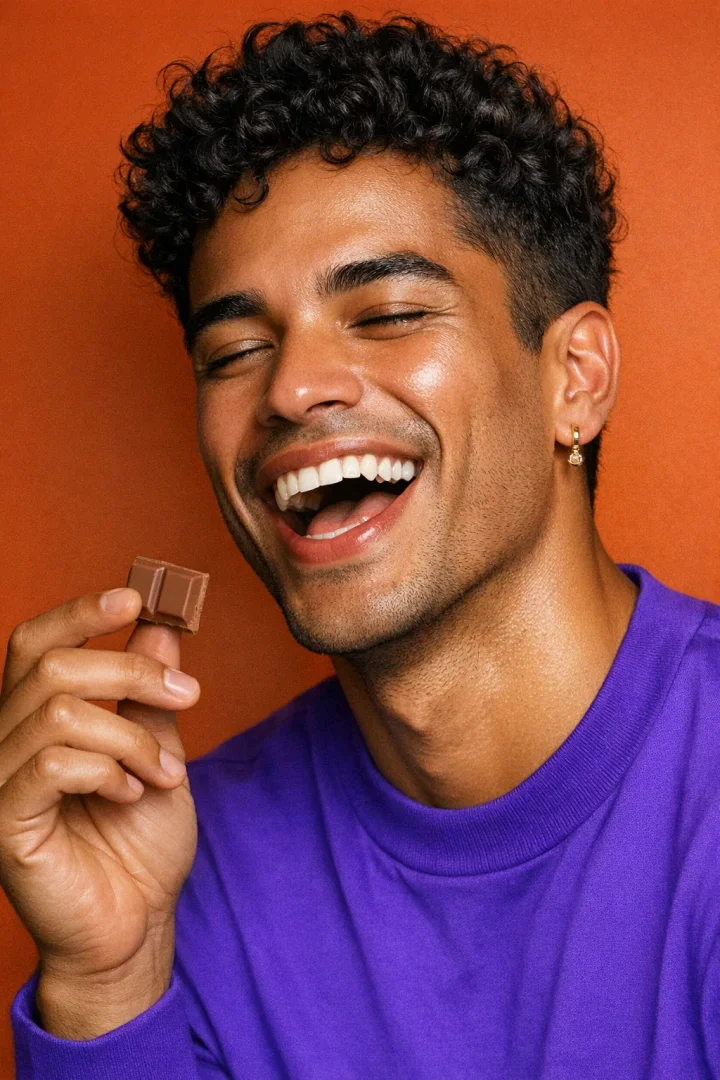 A joyful man with curly hair laughing while holding a piece of ChocoBelly milk chocolate, against an orange background