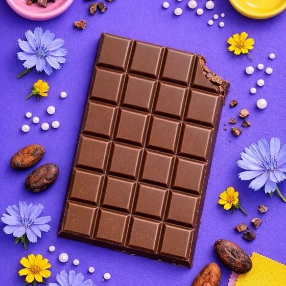 A ChocoBelly milk chocolate bar with a bite taken out, surrounded by chicory flowers and raw cocoa beans on a purple editorial flat-lay