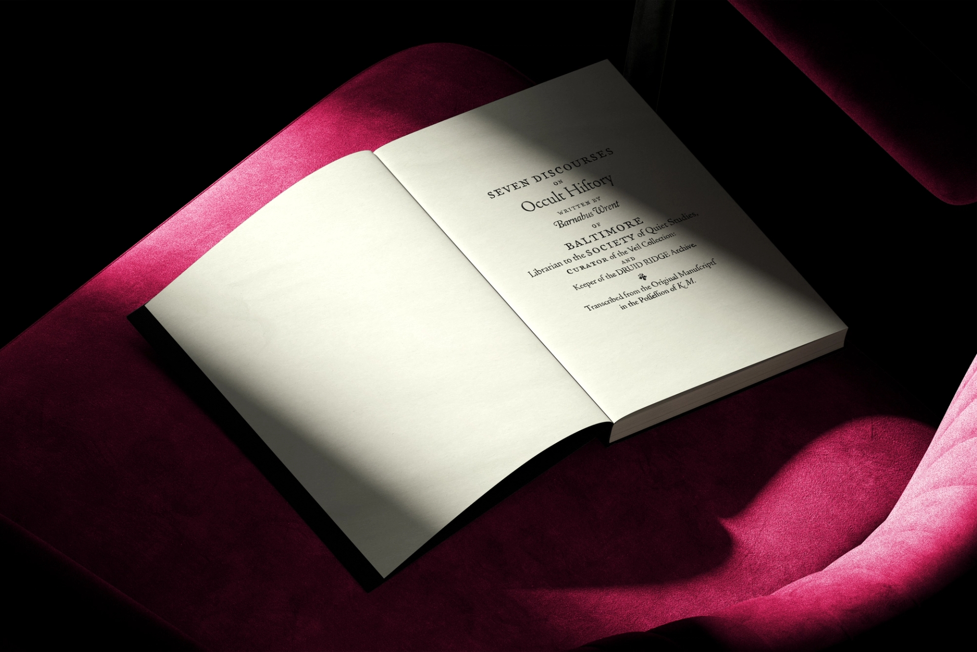 An open book on a chair that reads "Seven Discourses on Occult History written by Barnabus Wrent"
