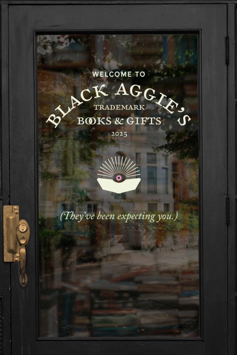 The font door of Black Aggie's Books & Gifts. A logo that is a glowing eye over an open book. The words "They've been expecting you."