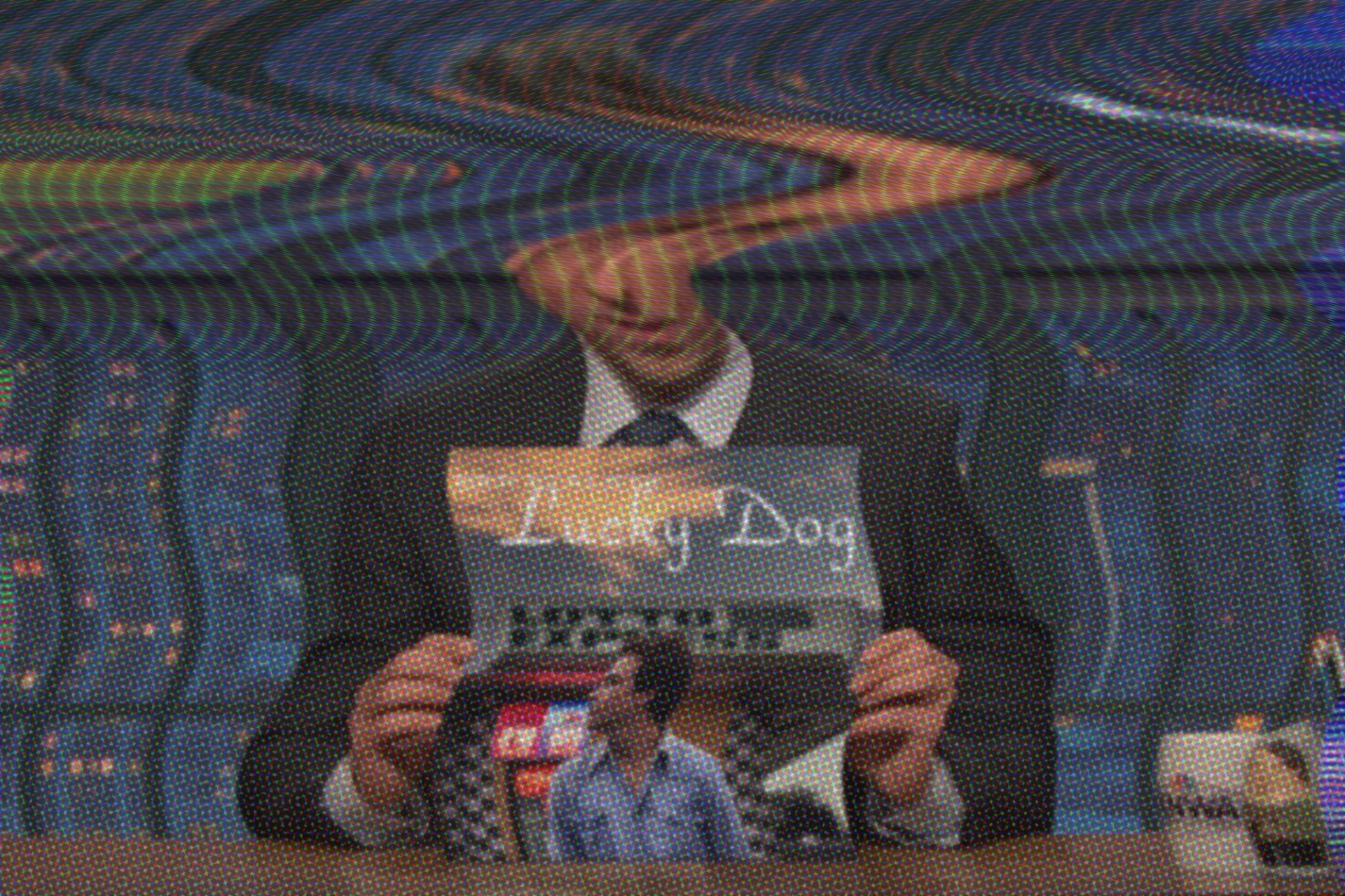 Distorted CRT Monitor Image - Seth Meyers Holds Ben Stalets Lucky Dog Album