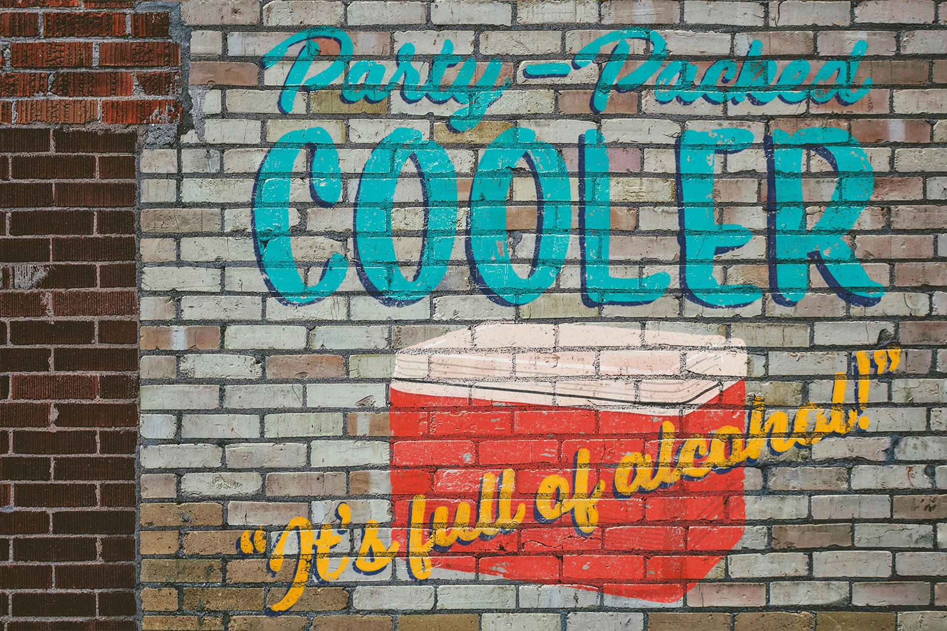 Ghost sign on brick that says Party Packed Cooler