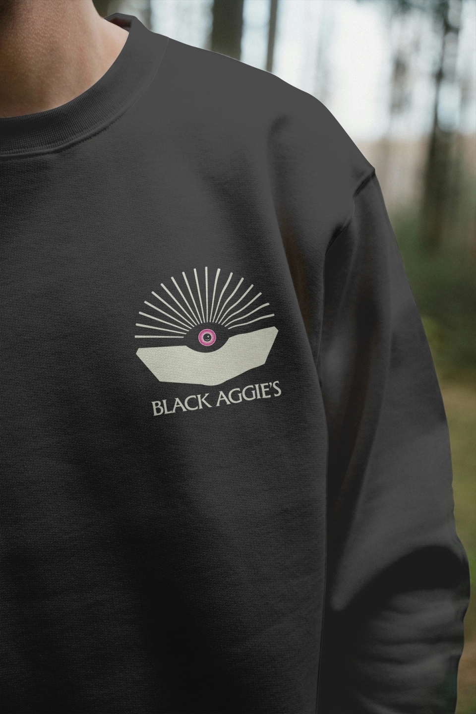Close up sweatshirt with Black Aggie's glowing eye over a book logo