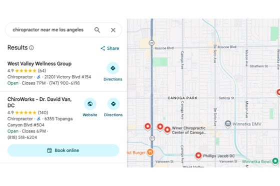 Google Maps results showing local chiropractor listings, ratings, and map visibility in Los Angeles