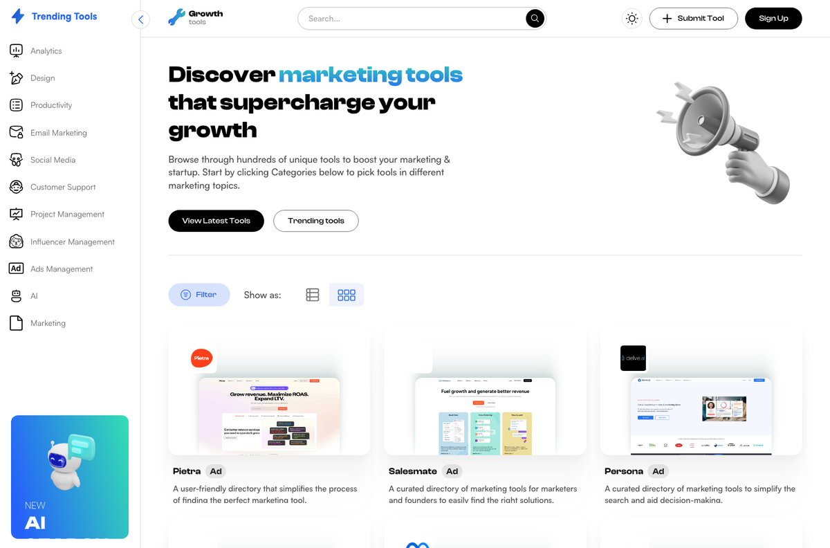 Growth Virality Tools homepage screenshot showing the product website interface.