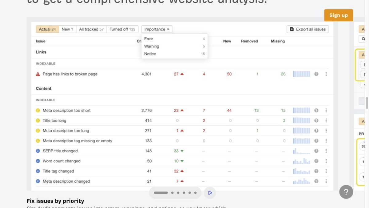 Ahrefs Site Audit demonstration showing errors, warnings, notices, and prioritized technical issues.