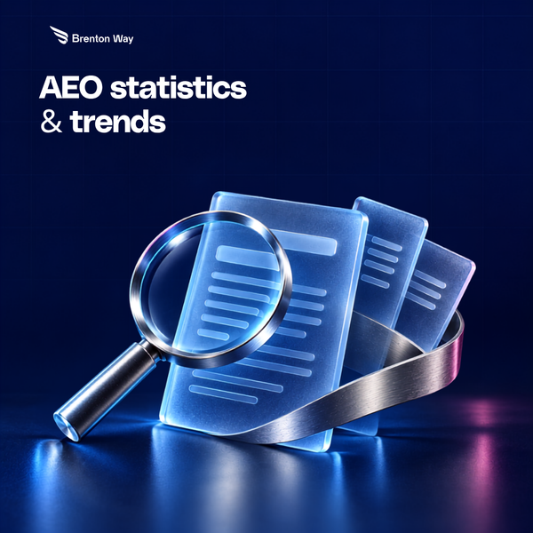 Brenton Way editorial illustration for AEO statistics and trends: a magnifying lens over glass answer and citation sheets.
