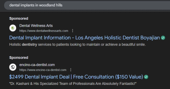 Service-specific and long-tail keyword targeting for dental ads