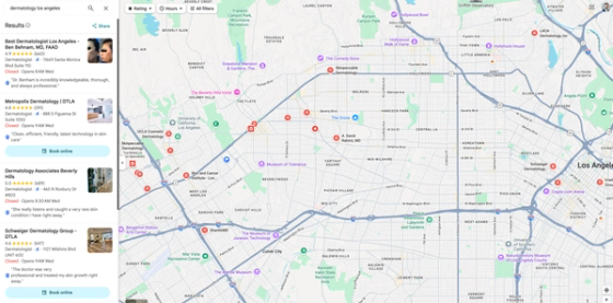 Google Maps results for "dermatology Los Angeles" showing top-ranked practices in the local pack