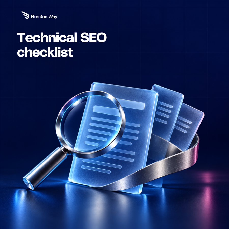 Technical SEO checklist — Brenton Way cover with a magnifying glass over glass document sheets.