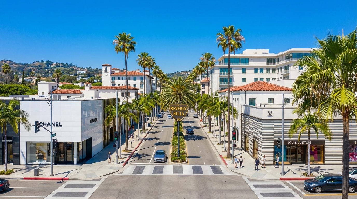 Beverly Hills, California — palm-lined Rodeo Drive with luxury storefronts