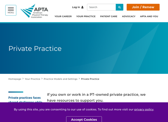 American Physical Therapy Association website showing an authoritative industry source for healthcare link building