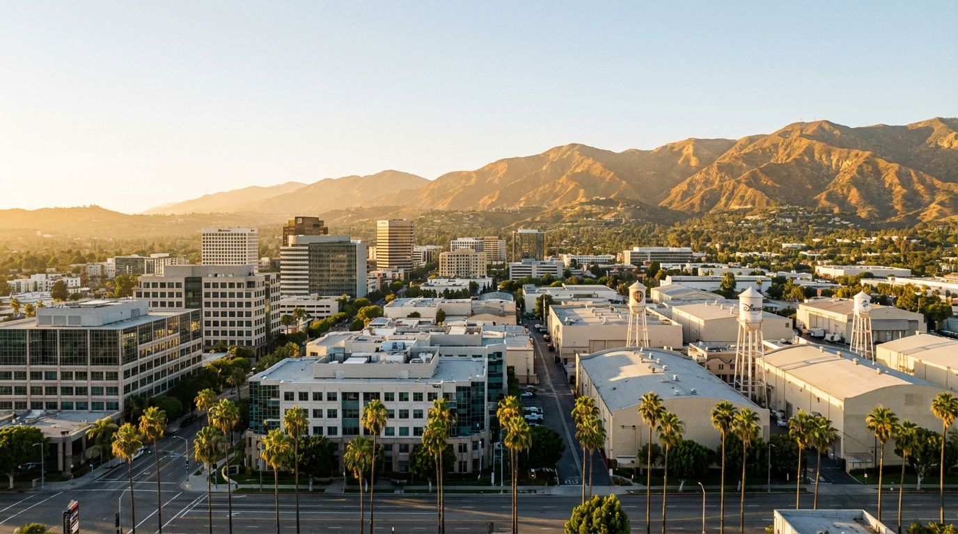 Burbank, California — media capital cityscape with Verdugo Mountains