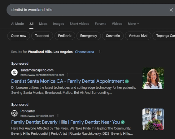 Google search results page for 'dentist in Woodland Hills'