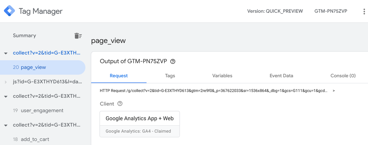 Google Tag Manager server-side preview showing incoming requests and the Request, Tags, Variables, and Event Data tabs