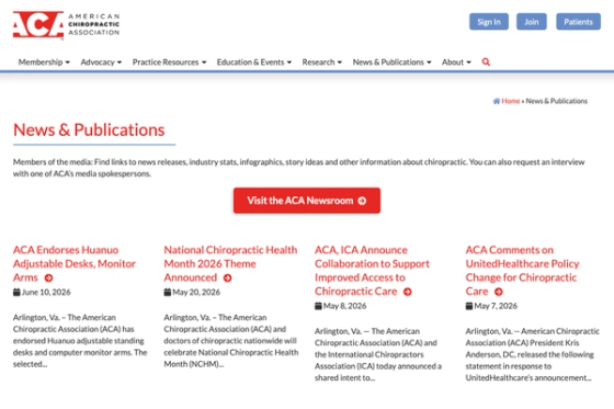 American Chiropractic Association news page showing an authoritative chiropractic industry source