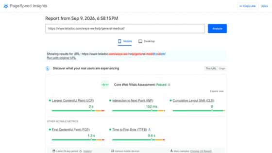 Google PageSpeed Insights report for a Teladoc care page showing passed Core Web Vitals and technical performance metrics