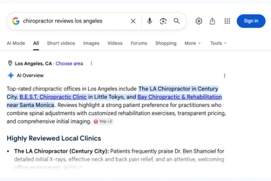 Google Search results for Los Angeles chiropractor reviews showing trust signals for patient-acquisition testing