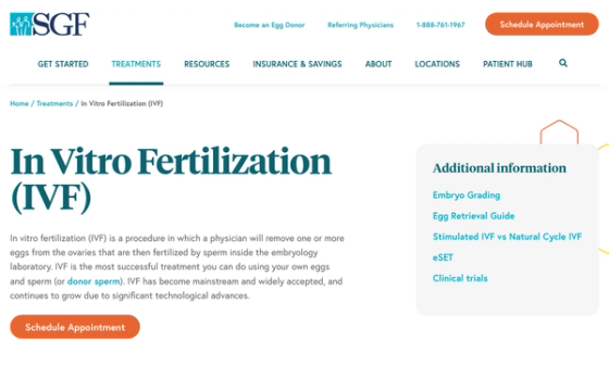 Screenshot of Shady Grove Fertility’s IVF treatment page with a Schedule Appointment button