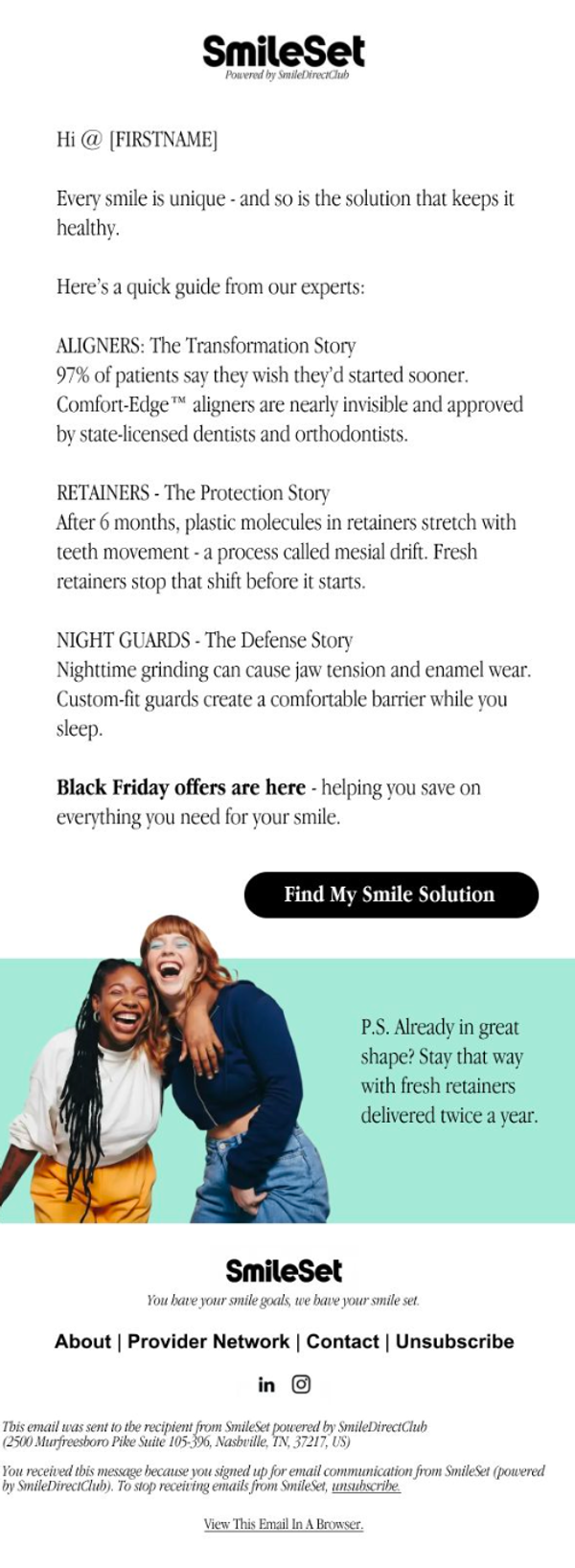SmileSet lifecycle email creative — mid-journey