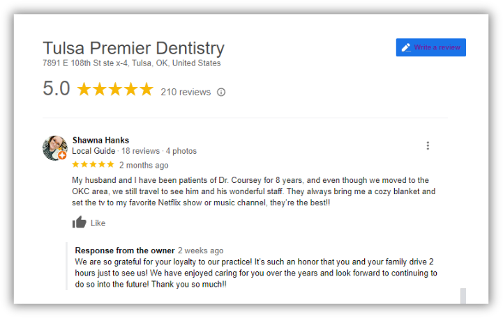 Another Tulsa Premier Dentistry review and response example