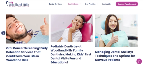 Dental practice website featuring patient education content