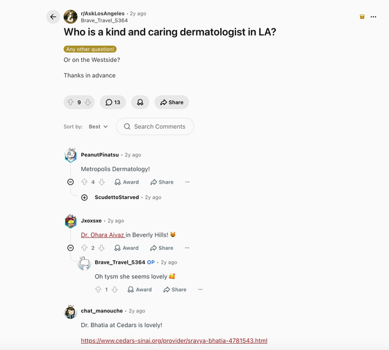 Reddit thread on r/AskLosAngeles where patients recommend kind and caring dermatologists in LA