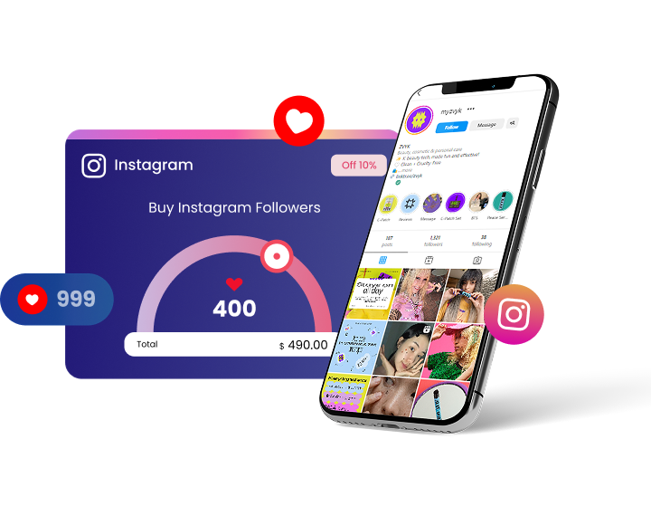 Instagram phone with live engagement dashboard showing follower growth and creator content