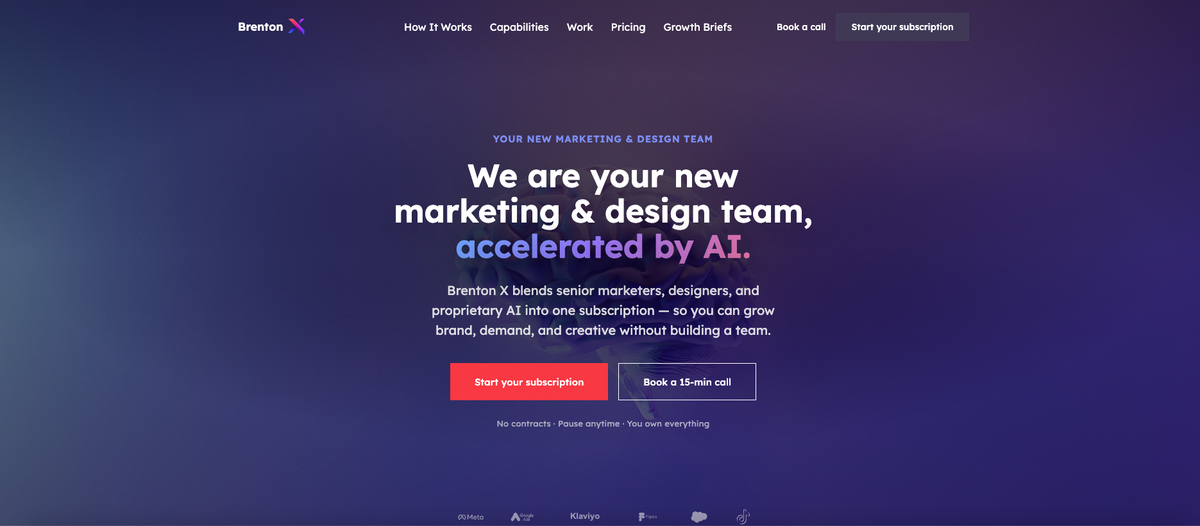 Brenton X homepage screenshot showing embedded marketing and design team positioning