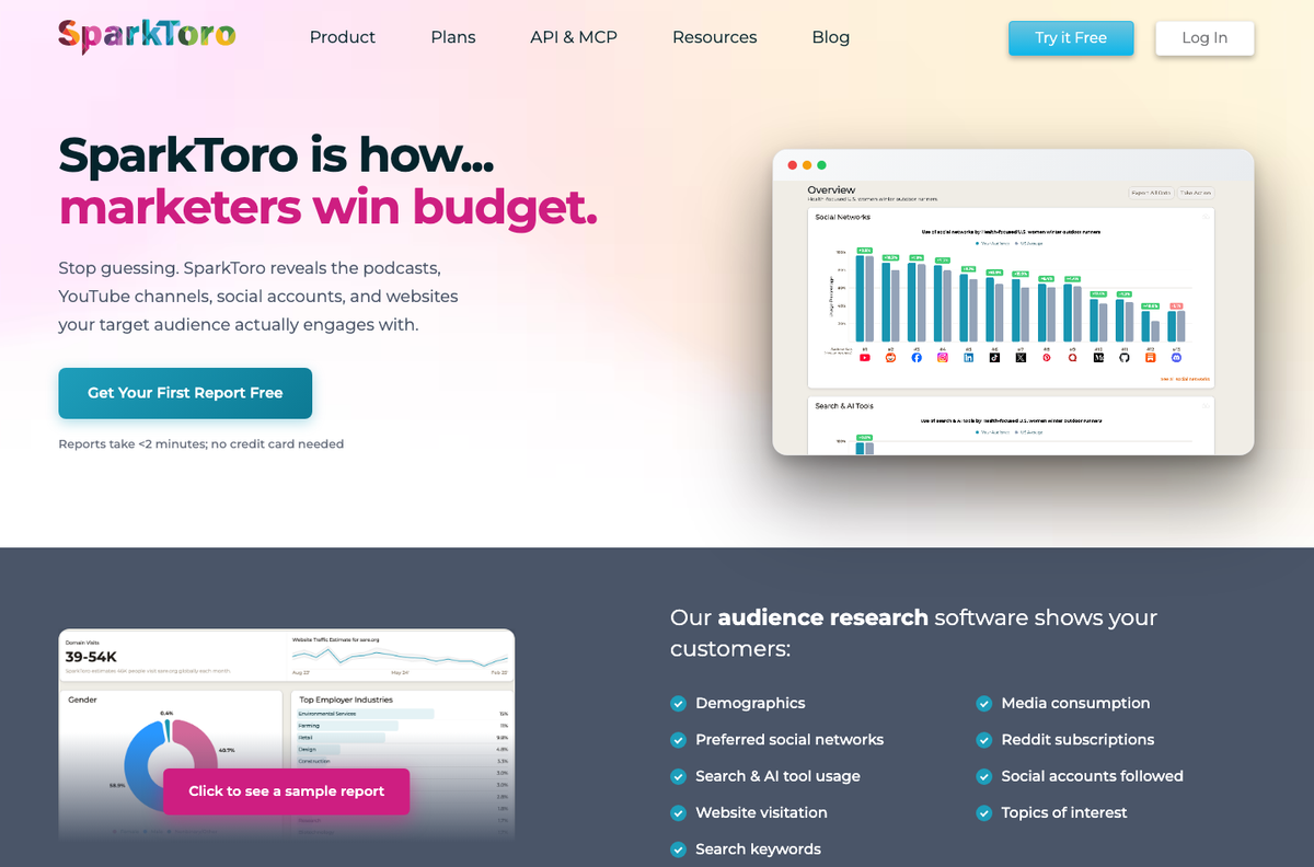 SparkToro homepage screenshot showing the product website interface.