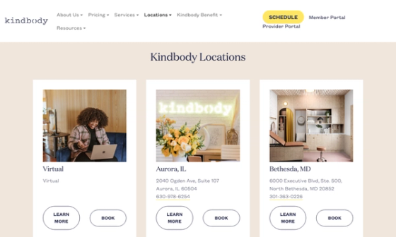 Screenshot of Kindbody’s locations page showing clinic listings and booking buttons
