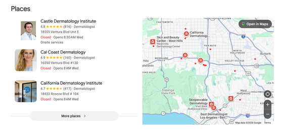 Google local 3-pack featuring dermatology practices with star ratings, reviews, and hours