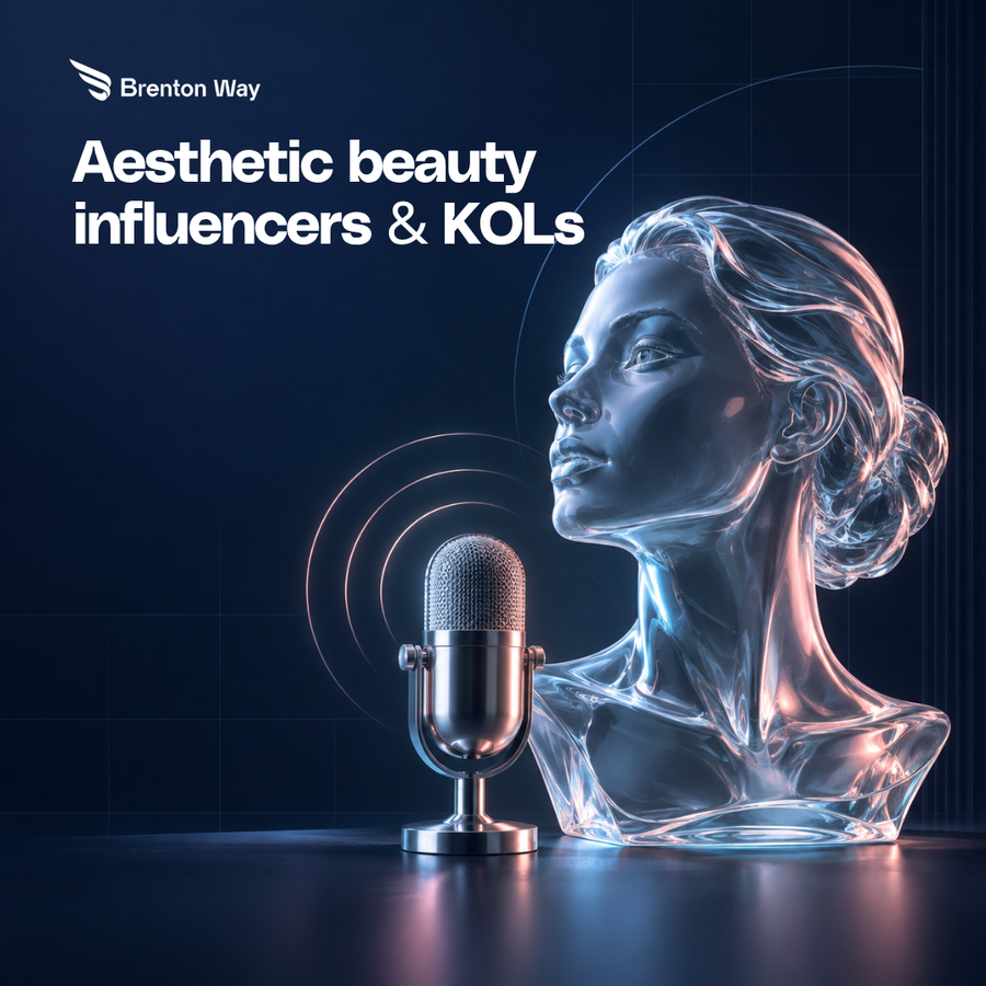Brenton Way Aesthetic beauty influencers and KOLs cover with a glass portrait and chrome microphone.