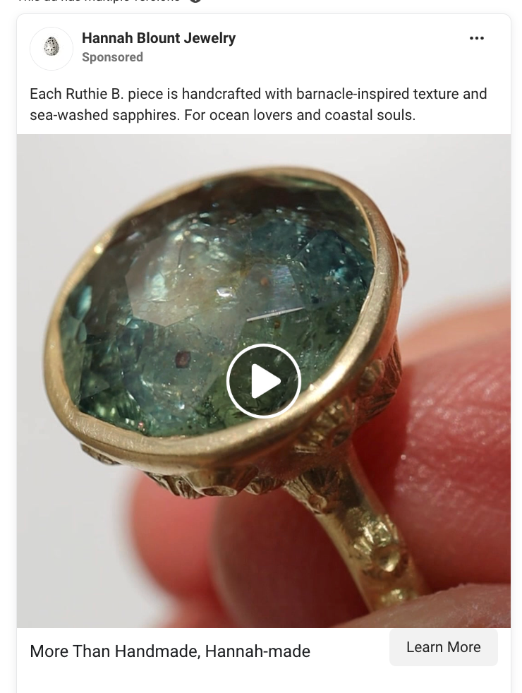 Hannah Blount sea-washed sapphire Ruthie B. ring retargeting ad on Meta